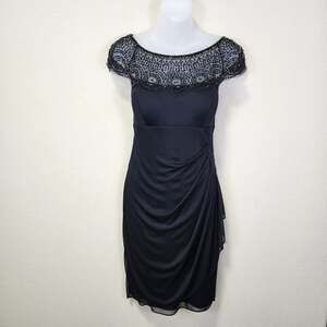 Xscape Beaded Cocktail Dress 10 Black Faux Wrap Party Gatsby Chiffon Ruched NEW